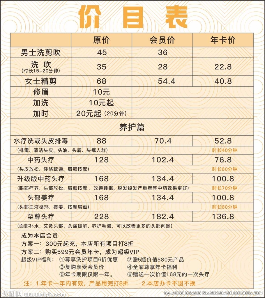 理发店价目表