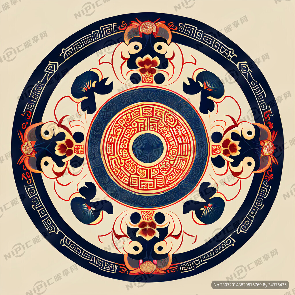 中国吉祥图案 圆形  手绘