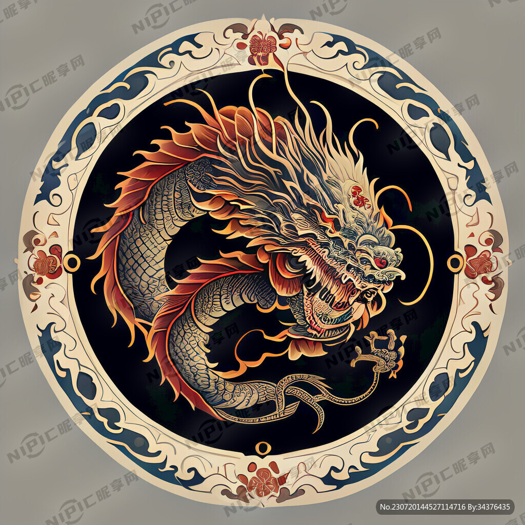 中国龙图案 圆形  手绘