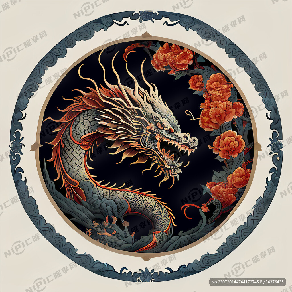 中国龙图案 圆形  手绘