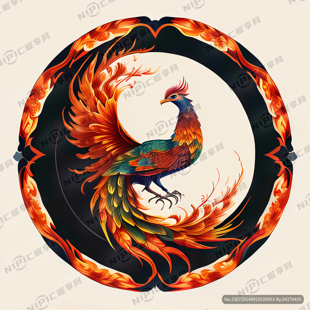中国凤凰图案 圆形  手绘