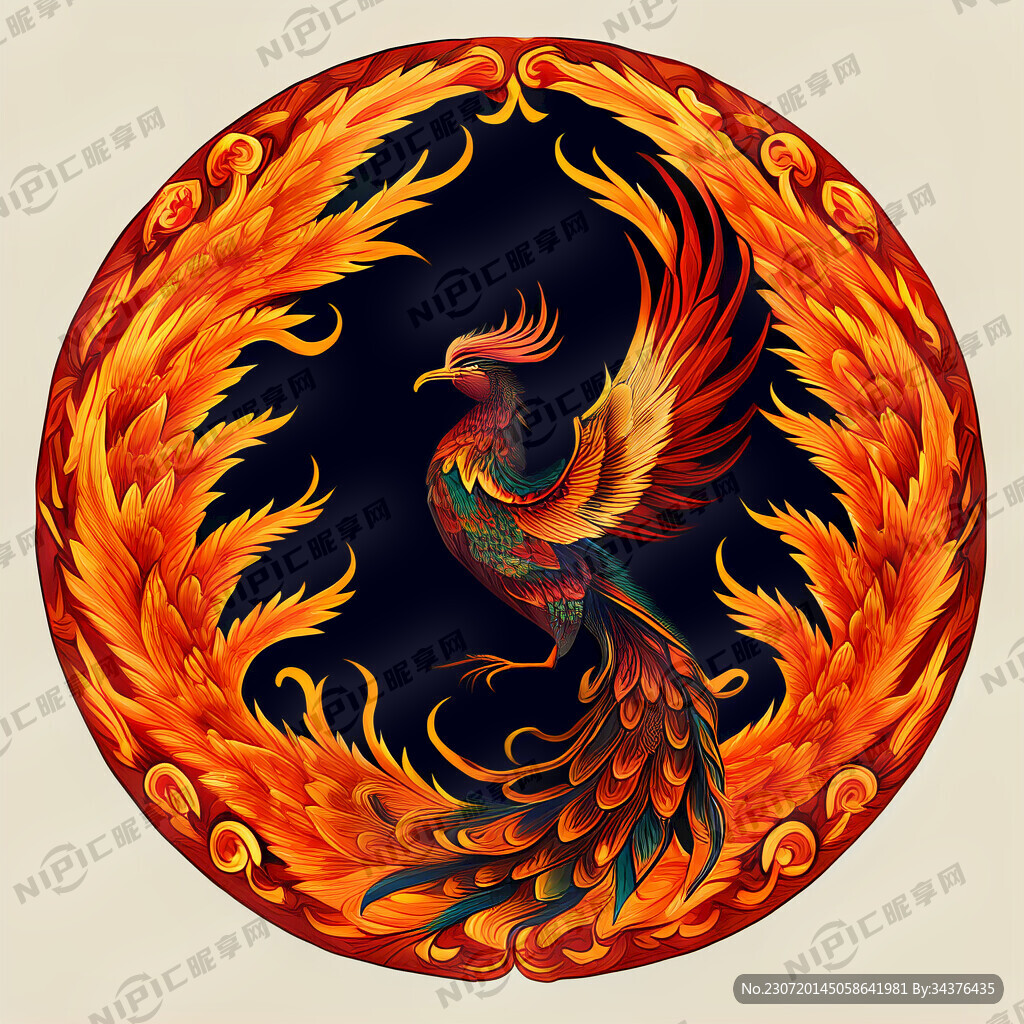 中国凤凰图案 圆形  手绘