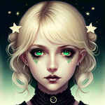 金发少女，绿色眼睛，星星月亮的装饰品，哥特