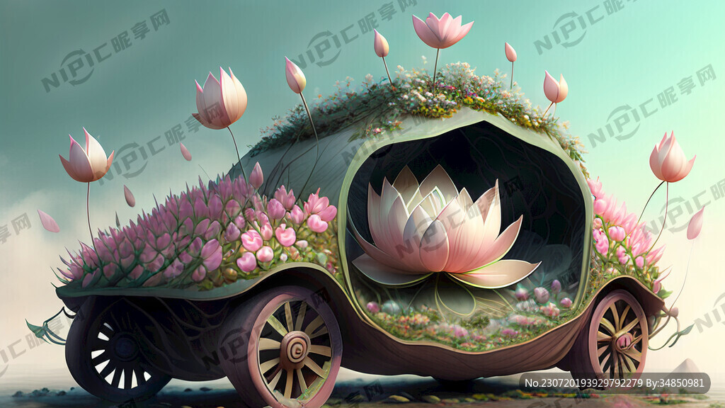 一辆花车 造型里有山和莲花
