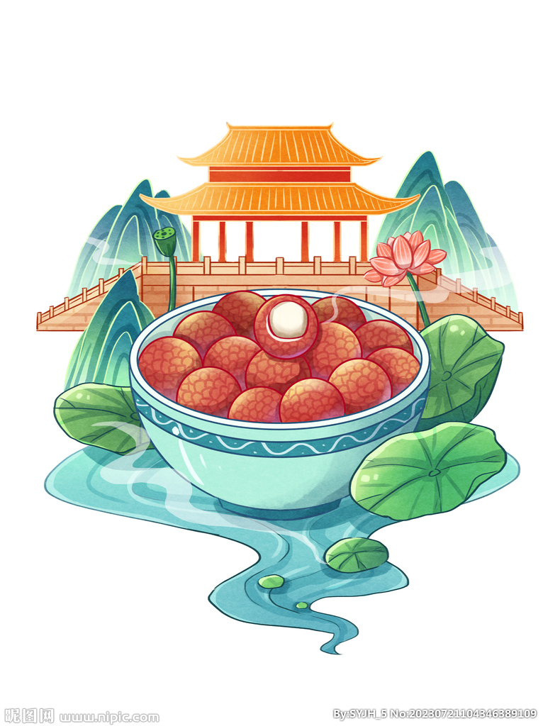 手绘大暑节气民俗古建筑荷花荔枝