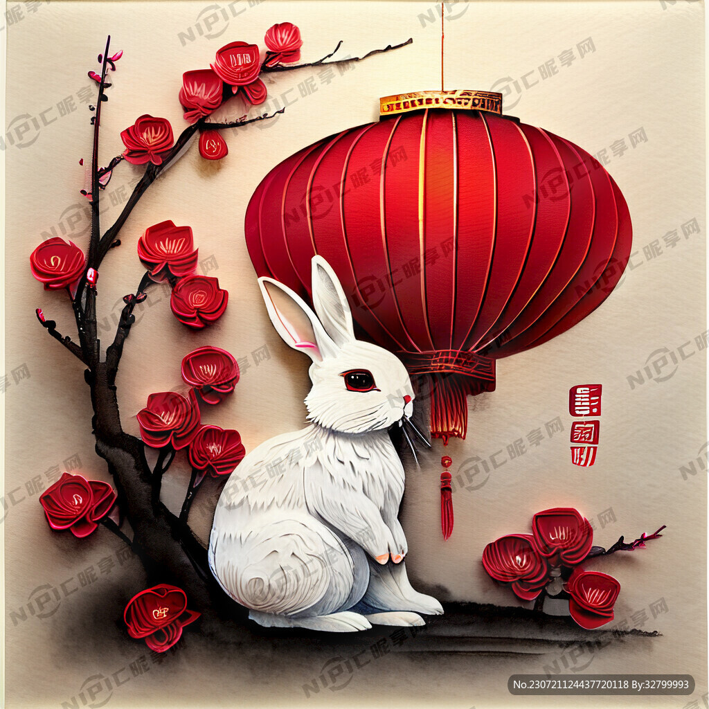 衍纸艺术 春节 可爱兔子 红梅