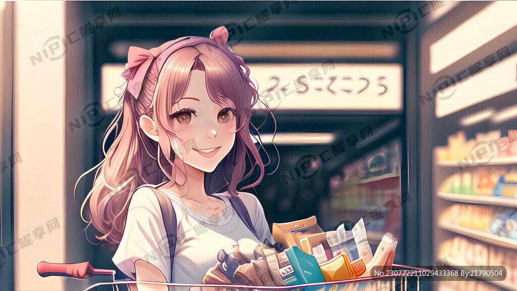 动漫美少女 笑容满面 购物车