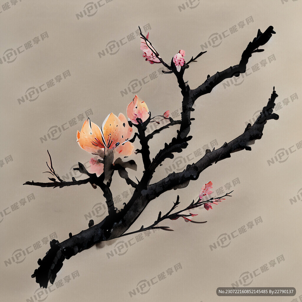 水墨桃花树枝简笔画