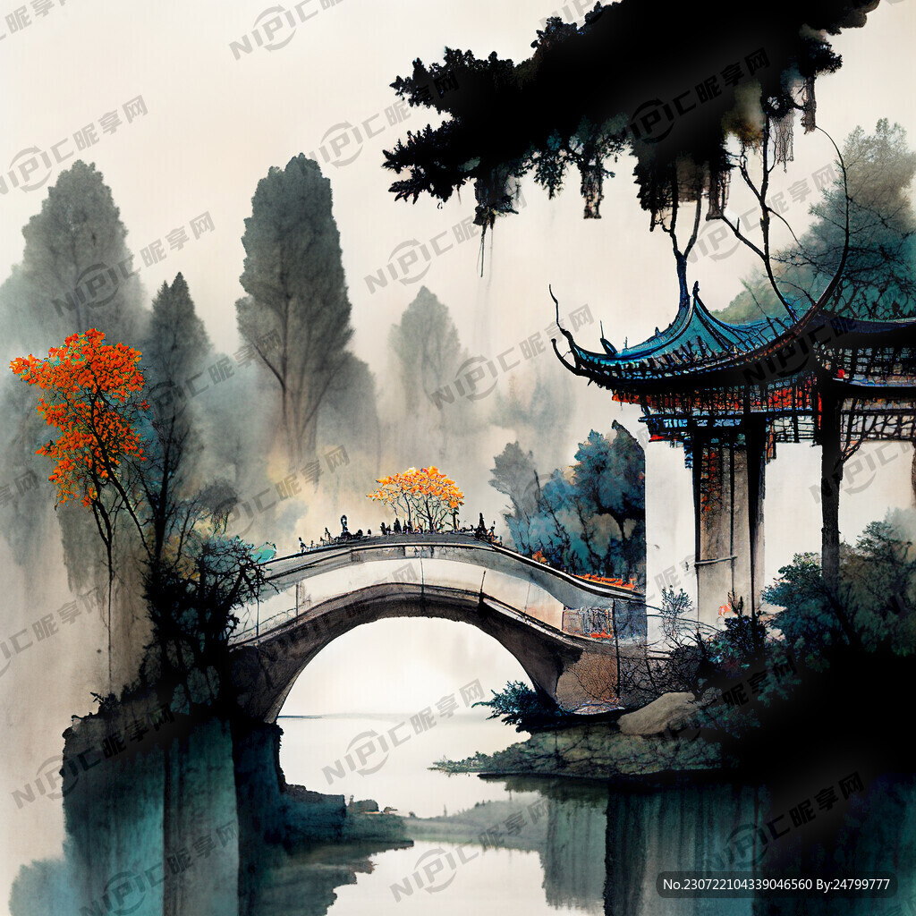 一片园林中有古建筑物