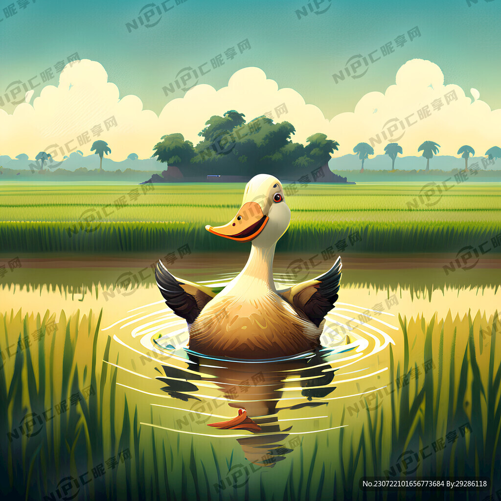 鸭子在稻田的水里快乐游泳