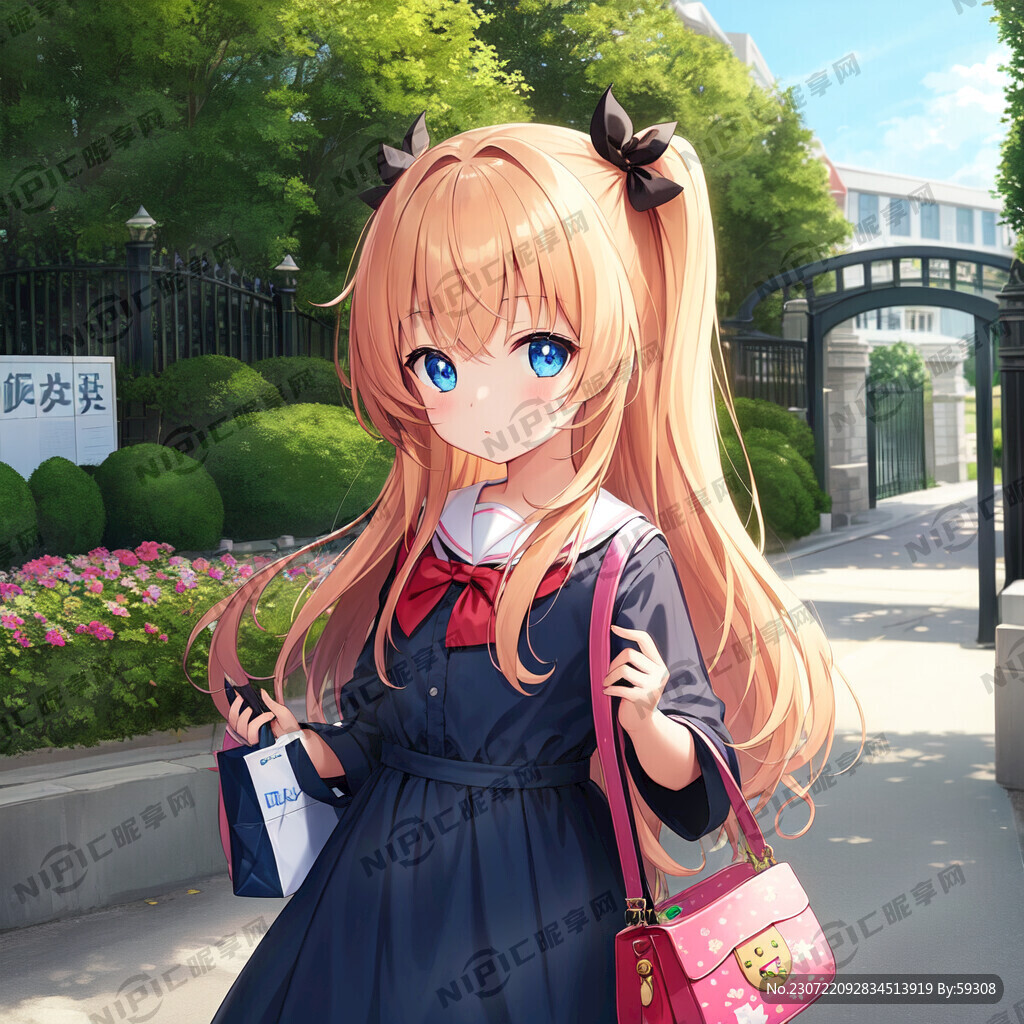 大眼睛长头发小女孩背书包在校门