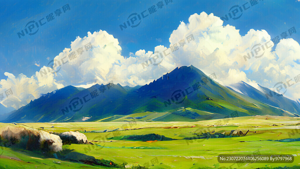 高山草原 绿草地  蓝天白云