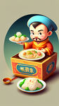 盲盒卡通形象，年轻的粤菜师傅，广彩盘子