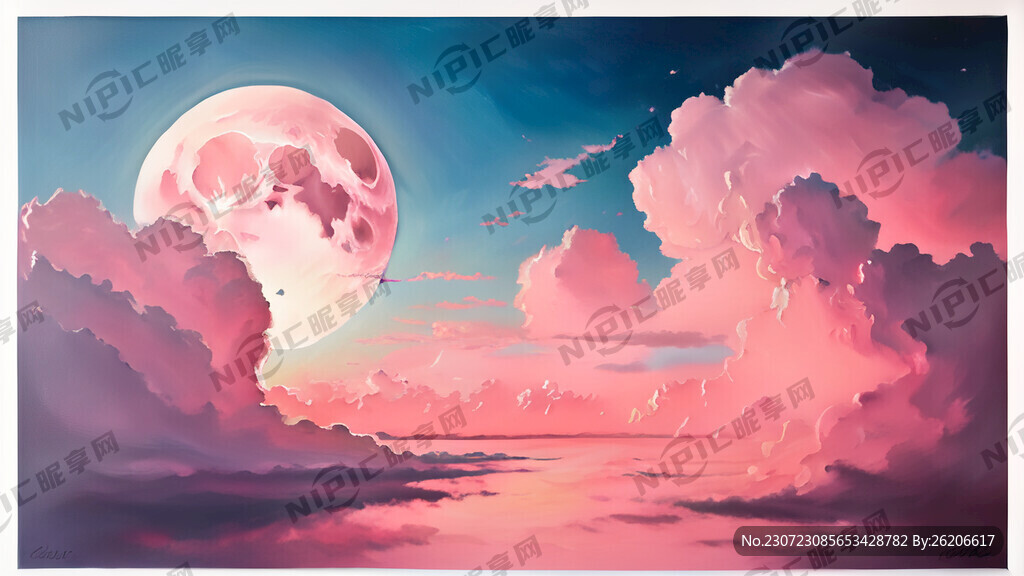 傍晚月亮粉色天空云朵油画