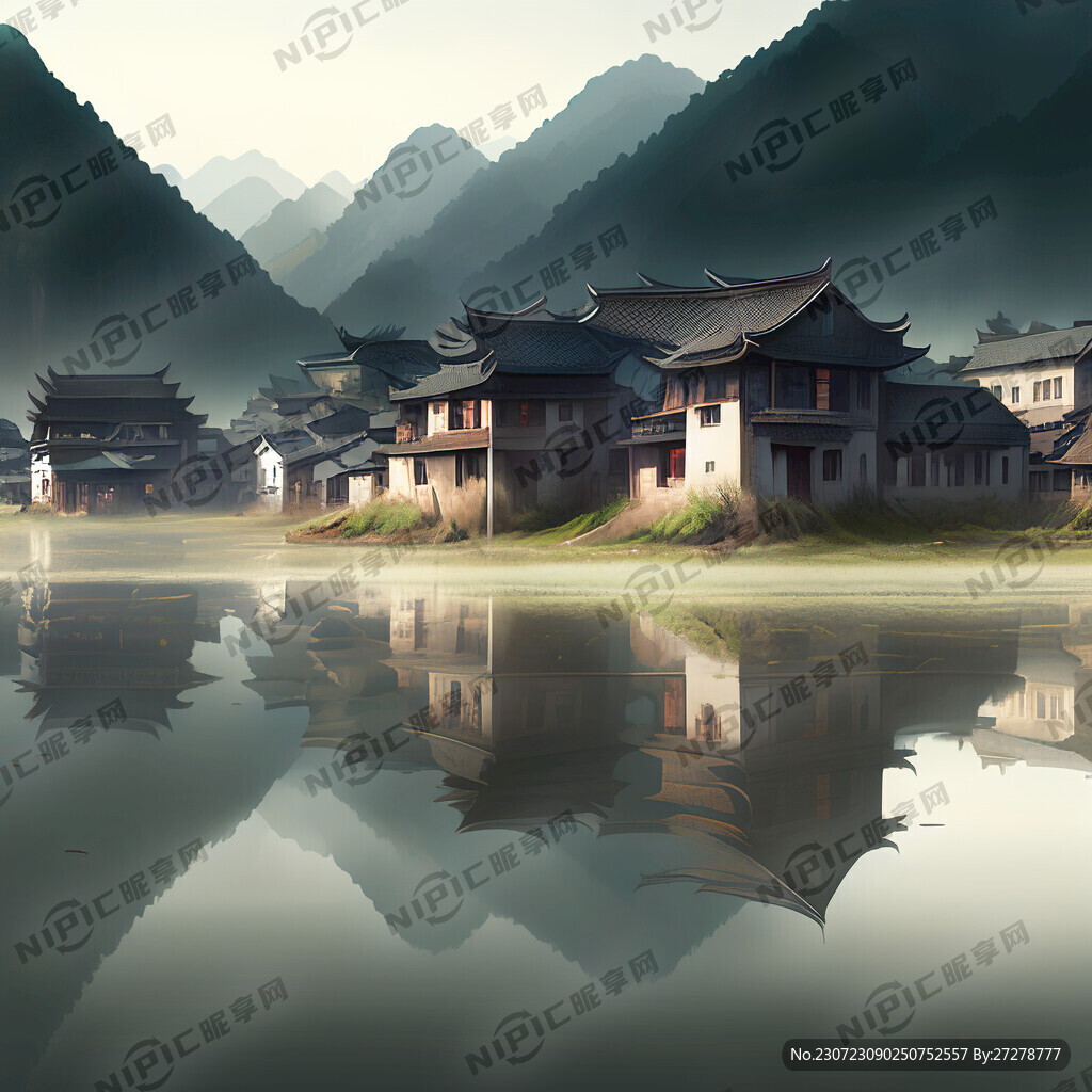 地面积水中倒映乡村景色
