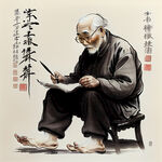 老爷爷足疗，写意工笔画，中国风