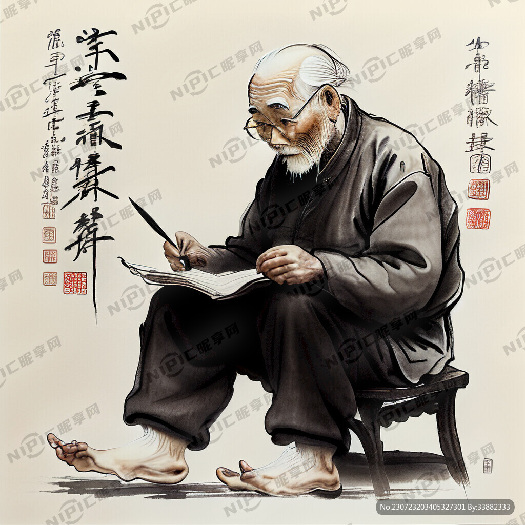 老爷爷足疗 写意工笔画 中国风