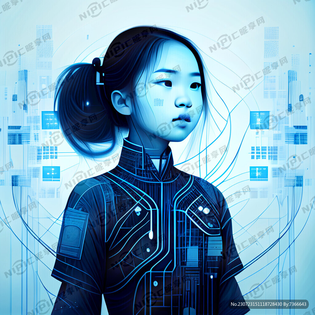 女孩 芯片 线路 蓝色调