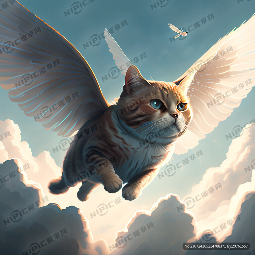一只猫长着翅膀在天上飞