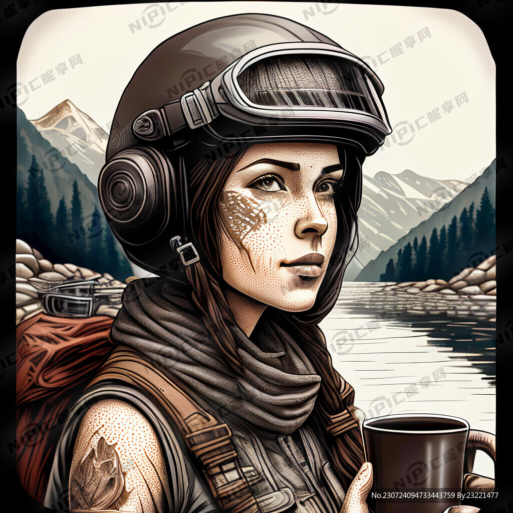 女性 戴全机车头盔 户外山水