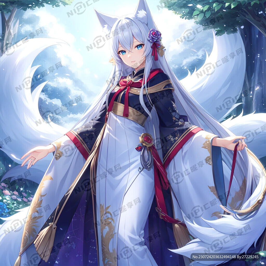 白色九尾狐女孩清纯