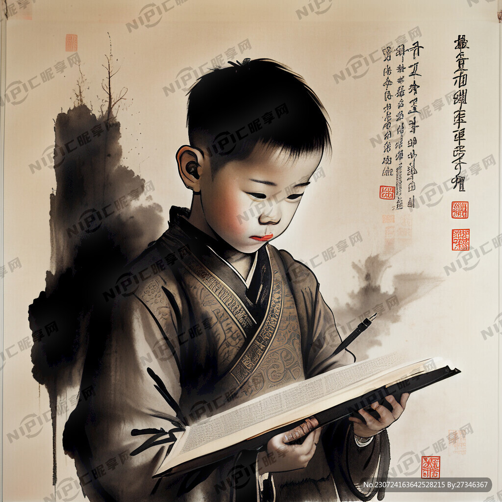 一个男孩 手拿一幅书法 高质量