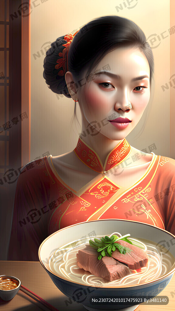 鲜牛肉米线。美女