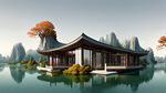 建筑单体别墅效果图别墅设计现代风格湖畔风景
