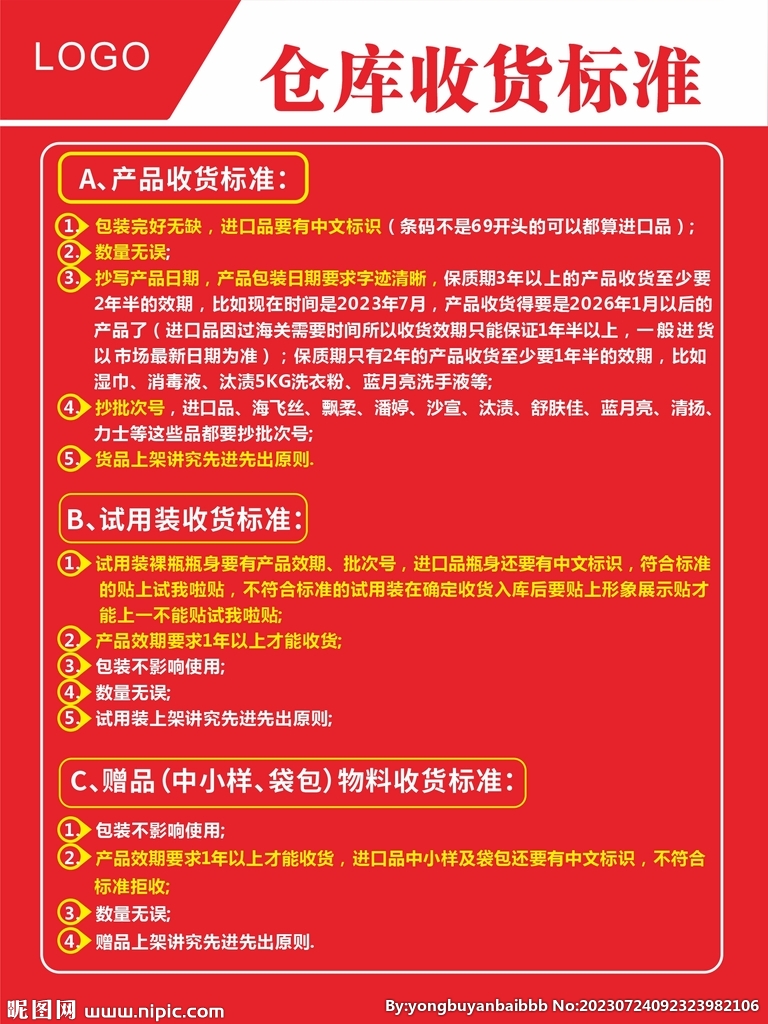 仓库收货标准   KT板