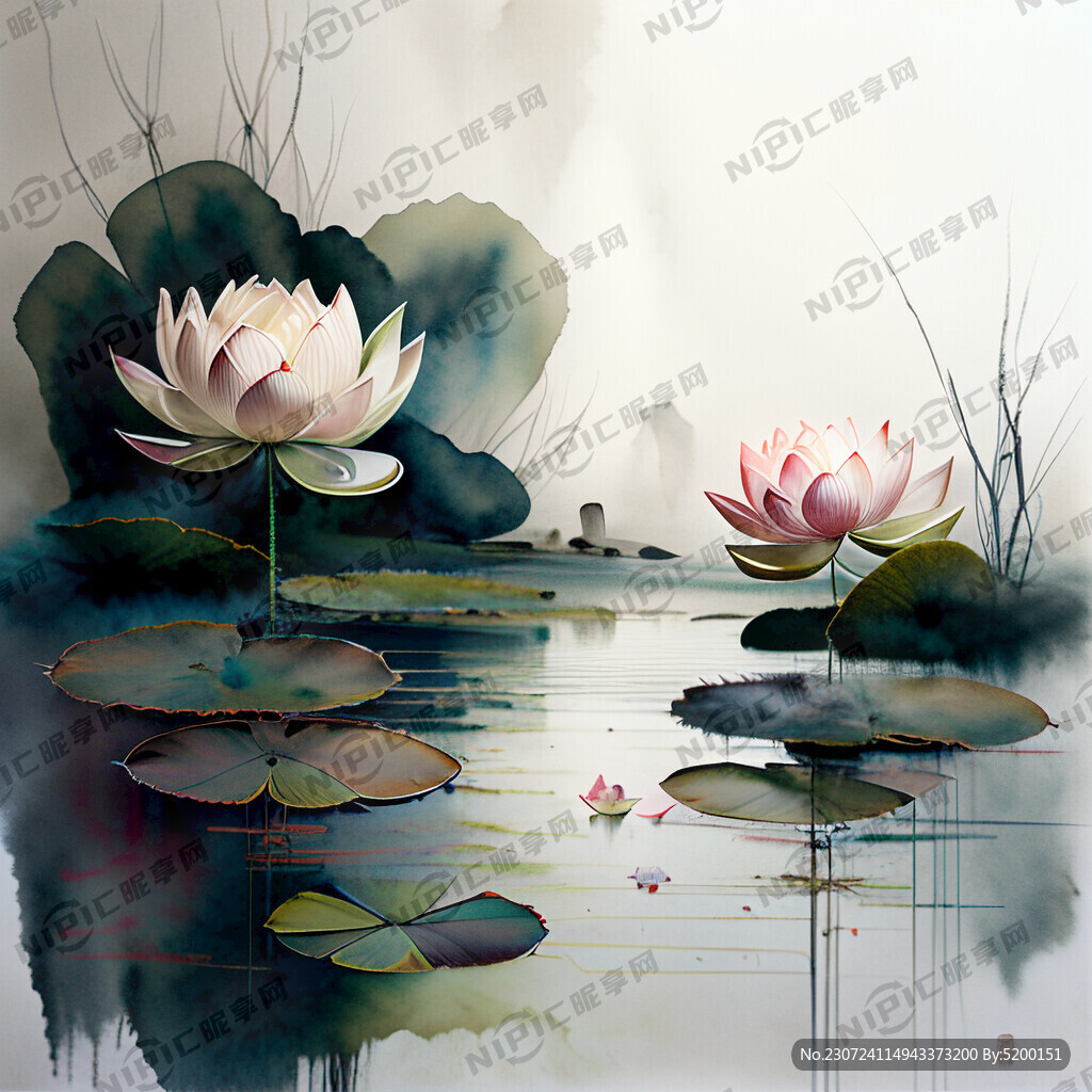 莲花 池塘 水彩画 抽象画