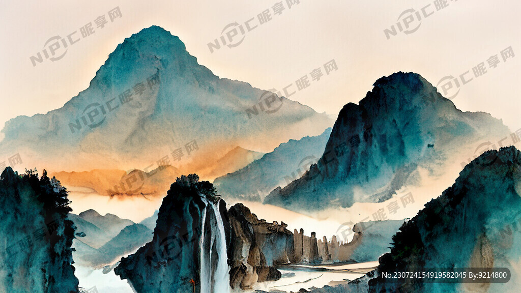 国风 远山 夕阳 河流 瀑布