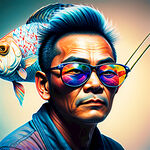 画一个正在钓鱼的人
光头戴墨镜
炫彩风格
影棚光
微距拍摄
广角
正在拉大鱼