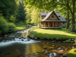 山间小屋溪水景色唯美