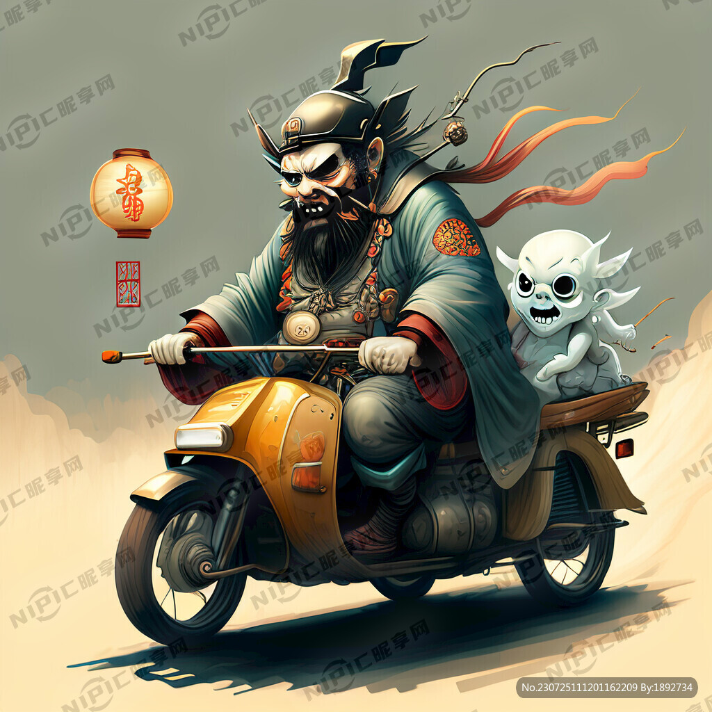 小鬼费力拉着车 钟馗坐在车上