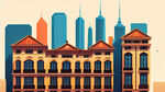 海报，城市旅游，上海老建筑，色彩明快，扁平人物，扁平建筑