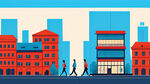 海报，城市旅游，上海老建筑，色彩明快，蓝色和红色，扁平建筑，扁平行走人物
