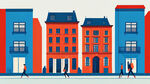 海报，城市旅游，上海老建筑，色彩明快，蓝色和红色融合，扁平建筑，扁平行走人物，活泼元素
