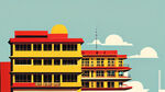 海报，城市旅游，上海老建筑，上海现代建筑，色彩明快，黄色色和红色融合，扁平建筑，扁平行走人物，点缀时尚元素