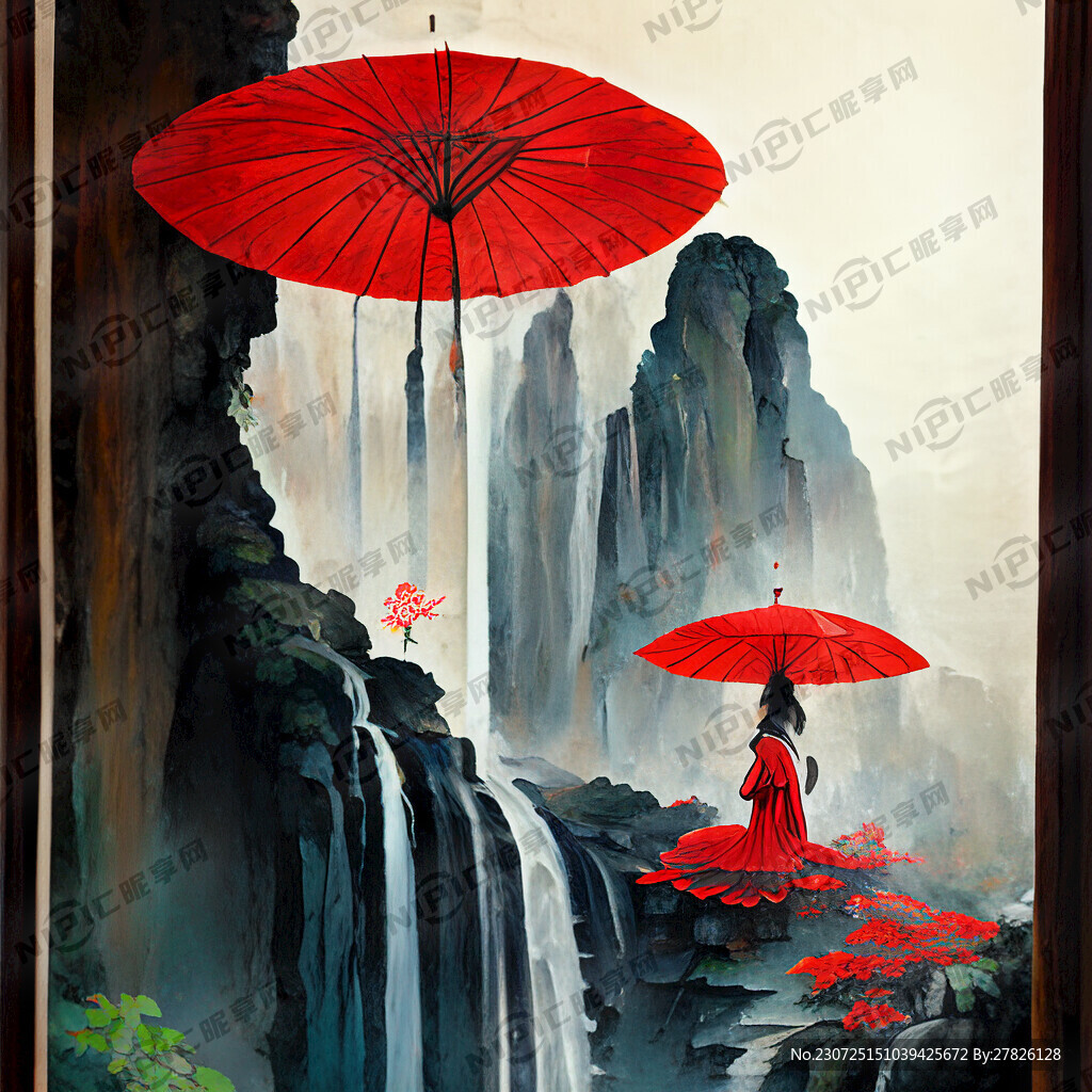 古风悬崖瀑布少女红色油纸伞