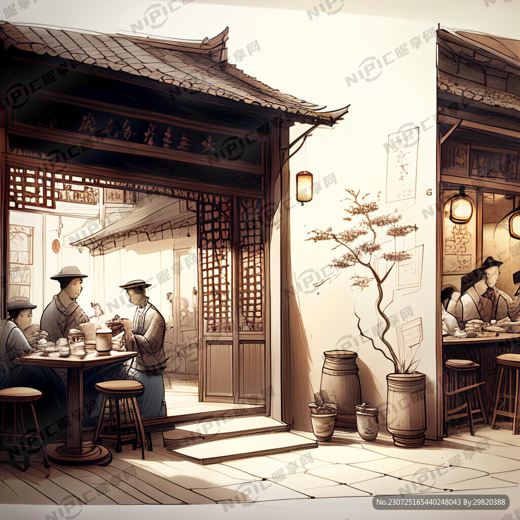 中式咖啡馆 线稿 油画
