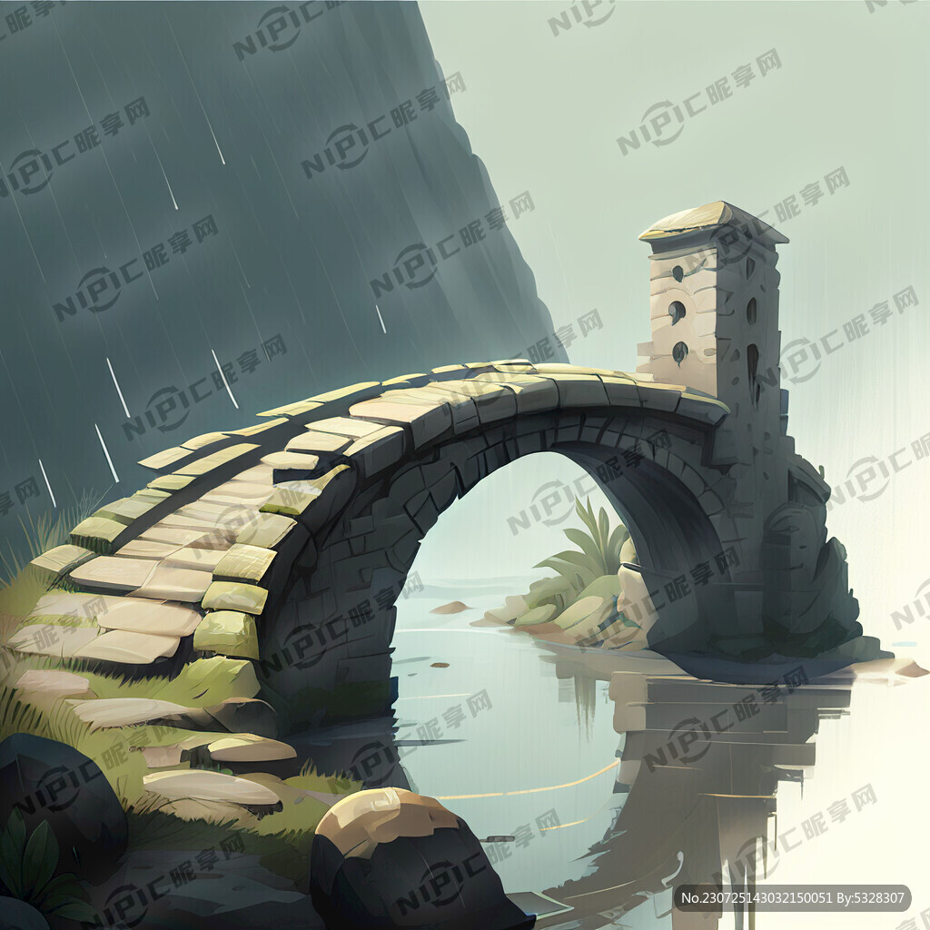 石桥 流水 蒙蒙细雨 芭蕉