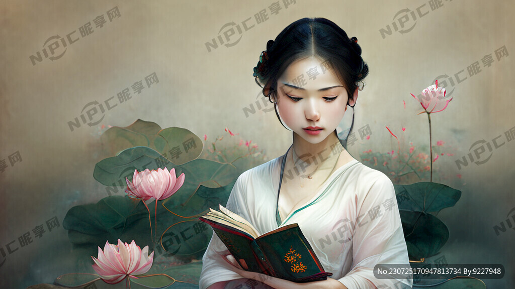 女孩 荷花 书 梦幻 艺术创想