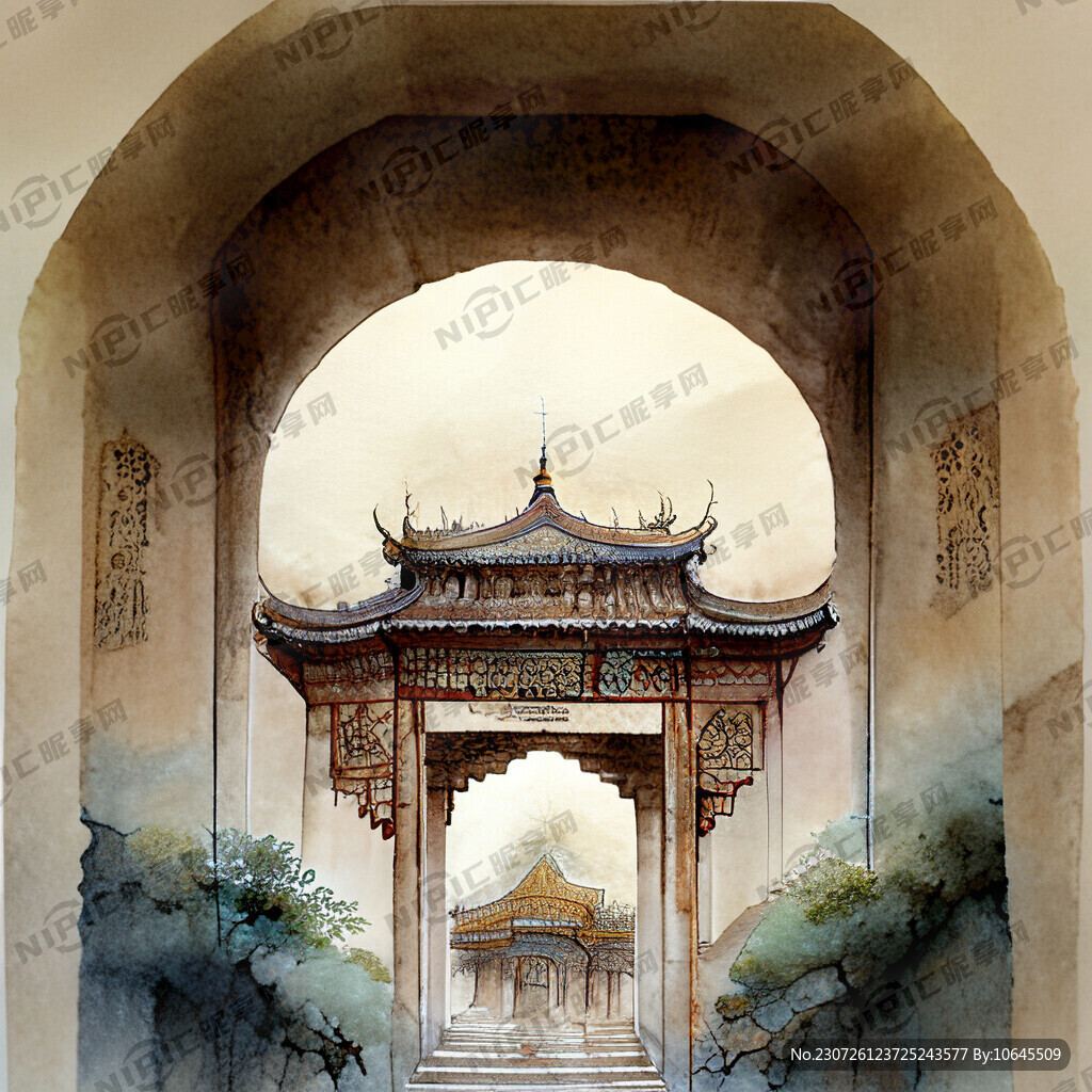 金碧辉煌中式古建筑寺庙仰视内部