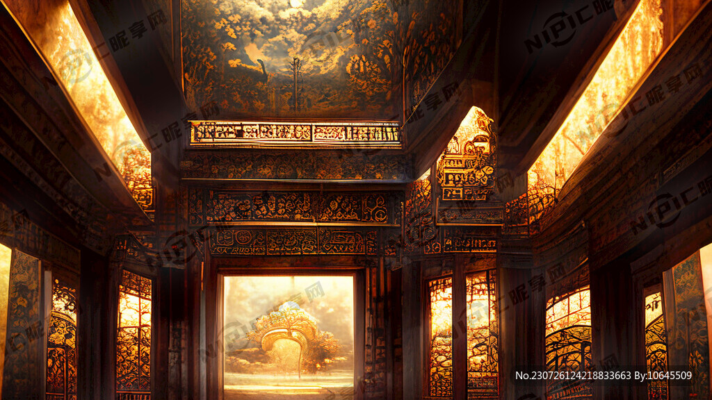 金碧辉煌中式古建筑寺庙内部内景
