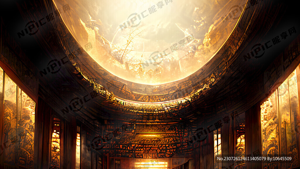 金碧辉煌中式古建筑寺庙内部内景