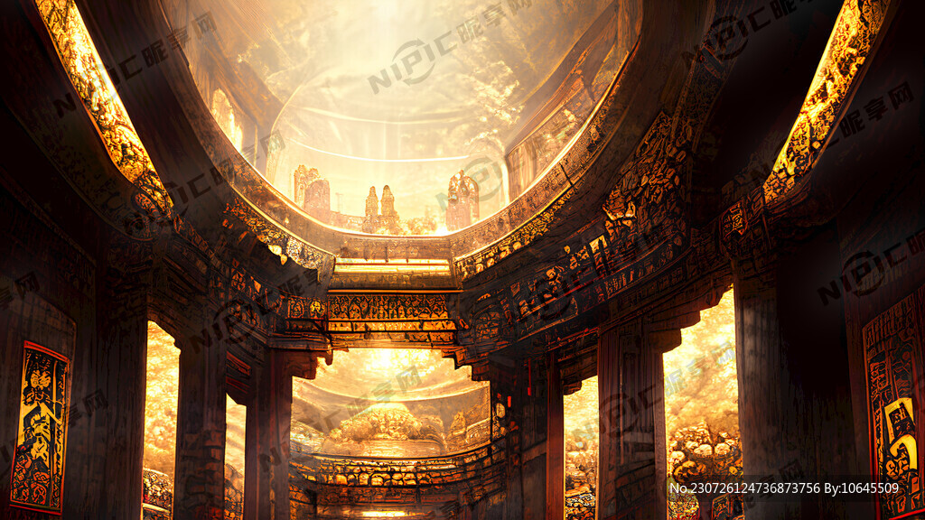 金碧辉煌中式古建筑寺庙内部内景