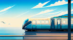 在早晨时一辆地铁穿过大海背景有蓝天白云海鸥