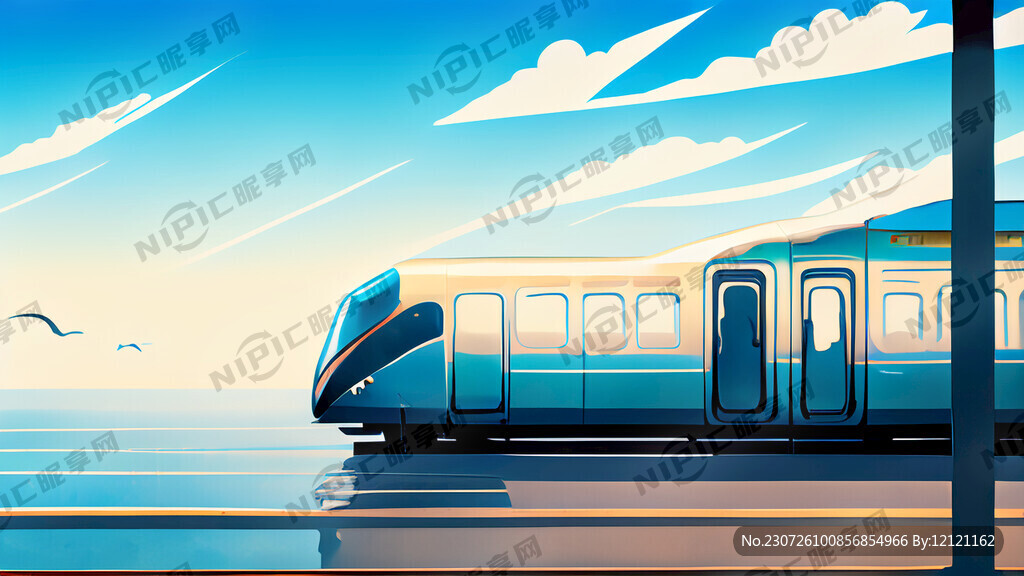 在早晨时一辆地铁穿过大海背景有
