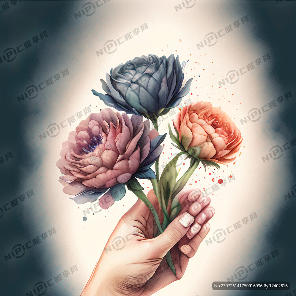 手捧着一朵花水彩风格