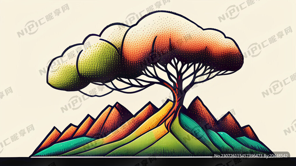 简笔画 几何图形的山 一颗树